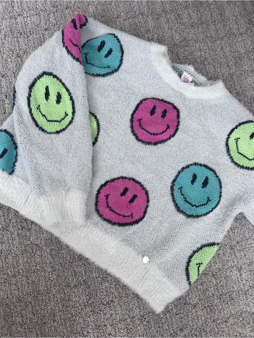 Justice White Fuzzy Sweater with NEON Pink, Teal & Lime Smiley Faces girls 10